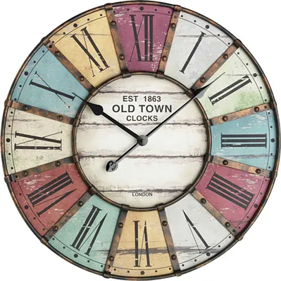 A vintage-style wall clock with Roman numerals and a distressed wood-like finish.