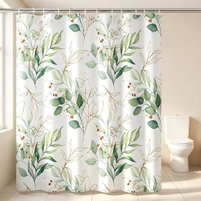 Productafbeelding van Douchegordijn met eucalyptusbladmotief, 180 x 200 cm, saliegrijs, voor de badkamer