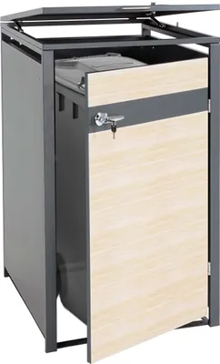 Produktbild von 1er Mülltonnenverkleidung MCW-J82, Mülltonnenbox, erweiterbar, Metall 32kg, anthrazit Buche-Holzoptik hellbraun