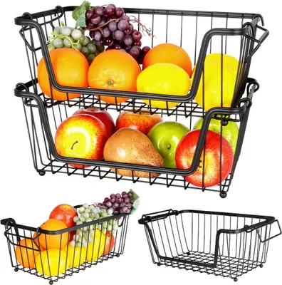 Produktbild von Vilde Obstkorb Obst-Etagere Loft-Korb aus Metall für Obst und Gemüse Aufbewahrungskorb schwarz, 2er-Set 32x20x13,5 cm