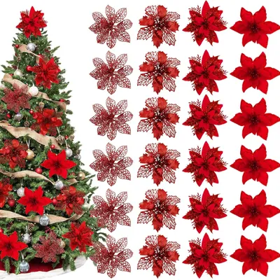 Produktbild von 24 Stück Weihnachtssterne, rote Glitzer-Kunstblumen mit 24 Clips für Kranz, Weihnachtsbaumschmuck, Hochzeitsfeier-Dekoration