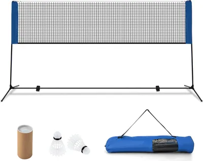 Image de COSTWAY Filet de badminton 420 cm avec support, filet de badminton réglable en hauteur avec 2 volants à ressort & sac de transport