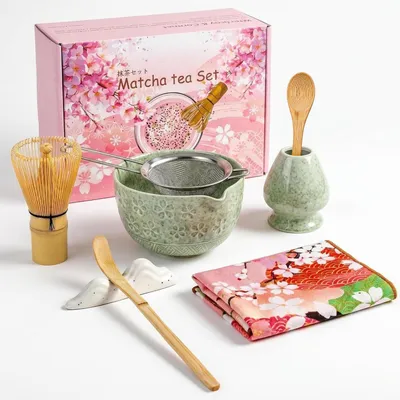 Produktbild von Matcha Set 8-teilig Keramikschale Bambusbesen Chasen Löffel Sieb Tuch Grün Kirschblüte