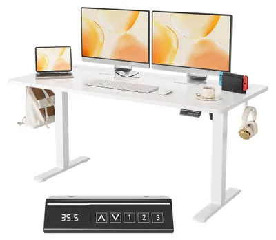 Immagine prodotto di Scrivania regolabile in altezza elettricamente - Scrivania sit-stand - Funzione memoria - Piano da 120x60 cm - Rettangolare - Struttura in metallo, piano in legno