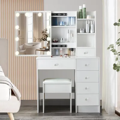 Immagine prodotto di Comò da trucco con illuminazione e sgabello, 6 cassetti, in MDF, dimensioni 36x80x131 cm