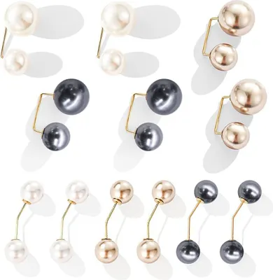 Produktbild von Packung mit 12 doppelten Kunstperlen-Broschen, Kragenclips, Schalclips, doppelköpfigen Perlenbroschen, Strickjackenbroschen, Halsbroschen, Pullover-Kleidungs-, Pullover-, Schalclips, Hut- und Taschenverzierungen aus künstlichen Perlen