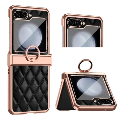 Immagine prodotto di Custodia per Samsung Galaxy Z Flip 5 Custodia in pelle galvanizzata con supporto per anello e protezione per cerniera nera