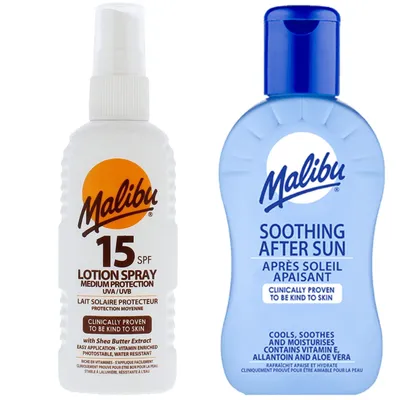 Image de Spray imperméable Malibu SPF15 100 ml + Baume après-soleil 100 ml