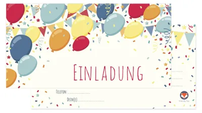 Produktbild von Friendly Fox Luftballons Einladung, 12x DIN lang Einladungskarten Kindergeburtstag Einladung mit Umschlag, große Geburtstagseinladungen