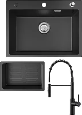 A black granite kitchen sink with a faucet and a sink insert are displayed against a white background.
