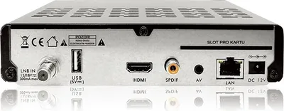 The back panel of a satellite receiver is shown, displaying various ports and labels.