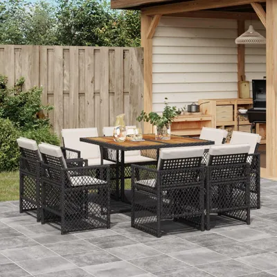 Produktbild von Möbel 9-tlg. Garten-Essgruppe mit Kissen Schwarz Poly Rattan - Gartenmöbelgarnituren 3210843