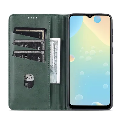 A green leather phone case with card slots and a phone screen visible.