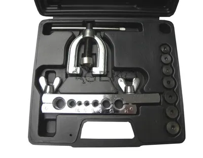 A tool kit for flaring pipes, laid out in its case.