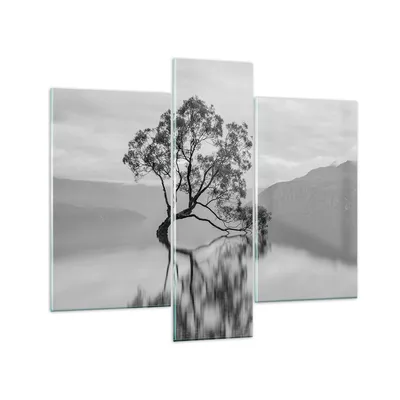 Produktbild von Bilder auf glas - 3 Teile - Baum Symmetrie See - 95x80cm - Glasbilder - Wandbilder - Bilder - zum Aufhängen bereit - Wanddekoration aus Glas - Glas Bilder - Wandbild auf Glas - GCB95x80-4514