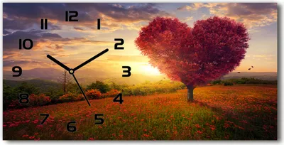 Produktbild von Wanduhr aus Glas – 60x30 cm - Glasbild - Glasuhr - Gehärtetes Glas - schwarze-zeiger - Baum Feld Herz