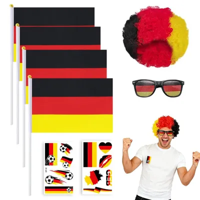 Produktbild von Fanpaket Deutschland mit 4 Flaggen, 2 Aufklebern, Perücke und Sonnenbrille