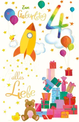 Produktbild von 4. Geburtstag - Karte mit Umschlag - Rakete und Geschenke