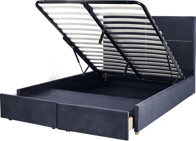 Produktbild von BELIANI Polsterbett Schwarz Samtstoff mit Lattenrost 160 x 200 cm Hochklappbar 2 Schubladen Hohes Kopfteil Modern Schlafzimmer Möbel Ausstattung