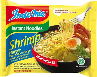 Produktbild von Indomie Shrimp Instant Noodles – 1x 70 g | Garnelen-Geschmack | Würzige 3-Minuten-Instantnudeln | Halal | Nudelsuppe+Heartforcards Versandschutz