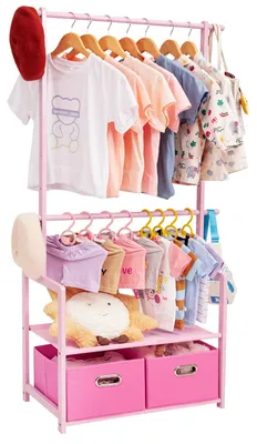 Image de Porte-vêtements en bois pour enfants, avec 2 paniers de rangement et des barres réglables