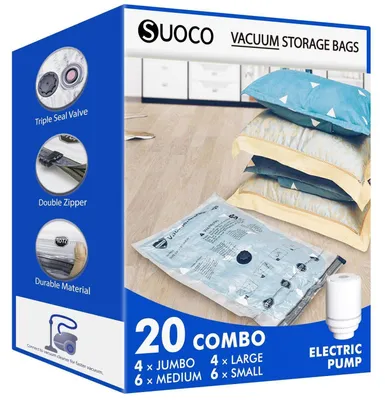 Image de Sacs de rangement sous vide pour vêtements – Lot de 20 avec pompe électrique, comprenant : 4 sacs de grande taille (jumbo), 4 sacs de grande taille, 6 sacs de taille moyenne, 6 sacs de petite taille