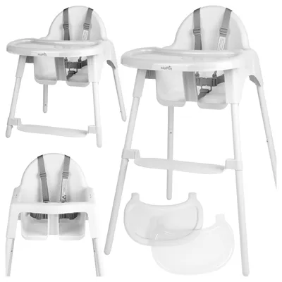 Produktbild von Malplay Kinderhochstuhl Babyhochstuhl 2in1 mit verstellbarem Tablett Fußstütze 5-Punkt-Sicherheitsgurt Kinderstuhl bis 30 kg Weiss