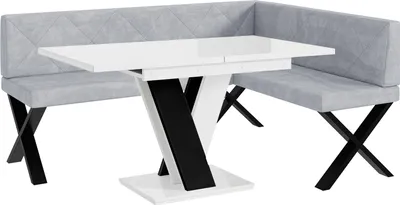 Produktbild von MEBLINI Eckbank für Esszimmer mit ausziehbarem Tisch  - Küchenbank - Essecke - Sitzecke Küche - ERIC - X-Beine 128x168x87cm Rechts - Hellgrau Samt/M Weiß-Schwarz Hochgl.