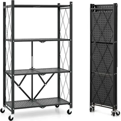 Produktbild von 4-stöckiges Klappbares Regal mit Rollen, zusammenklappbarer Standregal für zu Hause mit Kipp-Schutz, Schwerlastregal für Ausstellung, Küche, Schwarz