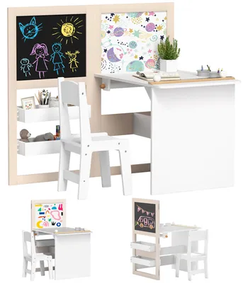 Image de AIYAPLAY : Ensemble table et chaise pour enfants de 3 à 8 ans, avec tableau noir, tableau blanc, bacs de rangement et rouleau de papier, couleur blanche