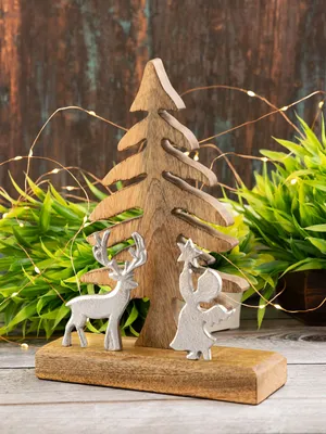 Produktbild von Holzfigur Weihnachtsbaum mit Hirsch u. Engel Weihnachtsdeko Mangoholz Aluminium