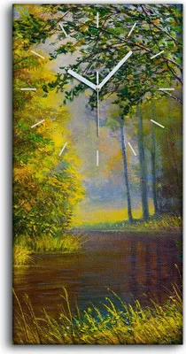 Produktbild von Wandkunst Leinwand Bild Uhr 30x60 Gemälde Wald Bäume Blumen Fluss Natur - weiße Hände