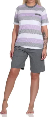 Produktbild von Normann Damen Shorty Pyjama kurzarm in Blockstreifenoptik - auch in Übergrössen ; flieder , 48