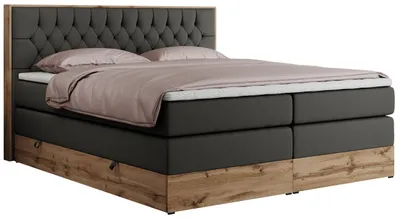 Produktbild von MKS MEBLE King Boxspringbett 180x200 mit Bettkasten Eiche, Polsterbett 180x200 mit Matratze H4, Bett 180x200 mit Kopfteil, Bett mit Holzrahmen in Wotan Eiche - Dunkelgrau Kunstleder - Amore King