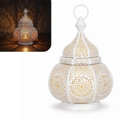Produktbild von Marrakesch Boho Deko Teelichthalter aus Metall Ziva Weiß 30cm | orientalisches Marokkanisches Windlicht Gartenwindlicht | Orientalische Laterne für draußen als Gartenlaterne, oder Innen als Laterne