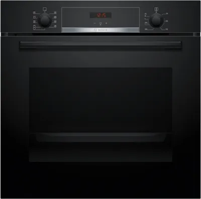 A front view of a black Bosch built-in oven.