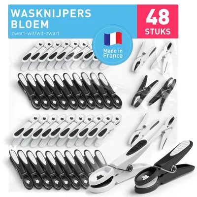 Productafbeelding van Wasknijpers wasspeld kledingklem - Set van 48 - Extra sterk - Bloemdesign - Zwart-wit-zwart