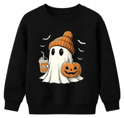 Obrázek produktu pro Dětská mikina s kapucí, motiv: dýně, Halloween, roztomilé fantomky, pohodlná, černá, velikost 152