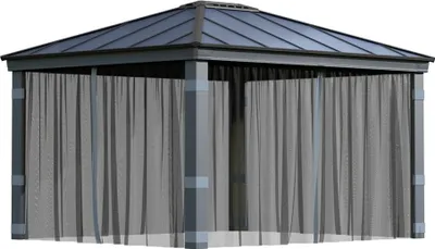 A gray gazebo with sheer gray curtains.