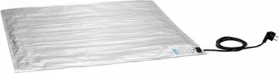 A silver heating mat with a black power cord and plug, lying on a white surface.