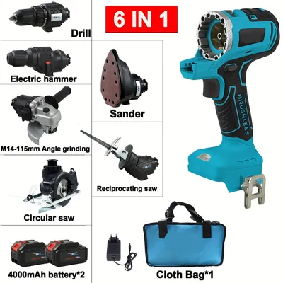 Imagen del producto de Kit de herramientas eléctricas de 18V (6 en 1) - Taladro inalámbrico - Kit para bricolaje - Herramientas eléctricas - Motor sin escobillas