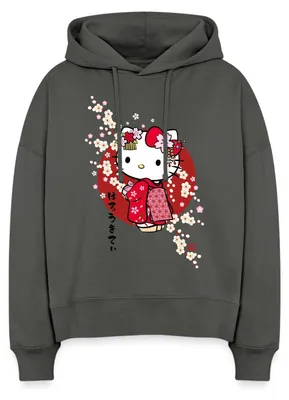Produktbild von Spreadshirt Hello Kitty Japan Kimono Kirschblüten Frauen Boxy Organic Hoodie, M, Anthrazit