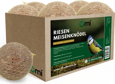 Produktbild von Orni 12 Stück Riesen Meisenknödel 500g im Netz mit Insekten | Energiereicher Ganzjahresknödel für Wildvögel