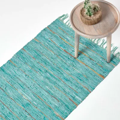 Obrázek produktu pro HOMESCAPES třpytivý kožený koberec tyrkysově zlatý 66x200 cm, kobercový běhoun z recyklované kůže