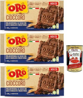 Produktbild von Oro Saiwa Cioccoro, Vollkorn-Kakao-Shortbread kekse mit Schokoladenstückchen und Haferflocken, Ballaststoffquelle, cookies mit 100% italienischer Weizen, 3x 300 g + Italian Gourmet polpa 400g