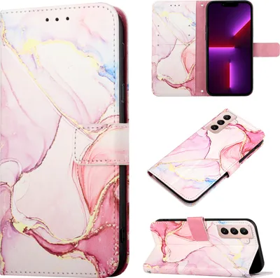 Produktbild von Galaxy S21 5G Hülle, Marmor Motiv Kunstleder Tasche Wallet Kartenfächer mit Standfunktion Klapp Schutzhülle für Samsung Galaxy S21 5G Pink Weiß