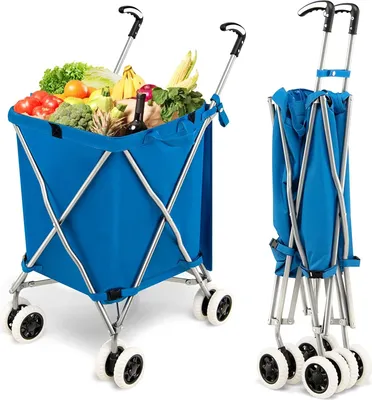 Produktbild von GOPLUS Klappbarer Einkaufswagen mit Rädern, Leichter Einkaufstrolley mit Zwei Lenkrollen, Abnehmbare Wasserdichte Oxford-Tasche, Kapazität bis zu 90 L/55 Kg (Blau)