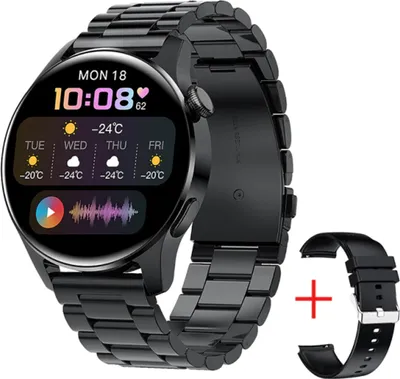 A black smartwatch with a metal band and an additional black silicone band, displayed on a white background.