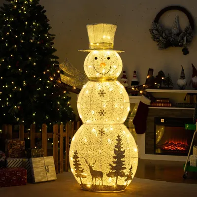 Produktbild von GOPLUS 141 cm Schneemann beleuchtet, Weihnachtsfigur mit 100 warmweiß LED-Lichtern, Zylinderhut & Schal, Weihnachtsdeko Schneemann für Innen & Außen
