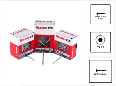 Produktbild von Fischer Power-Fast II FPF II Spanplattenschraube 5,0x16 mm 200 Stück ( 670434 ) Pan Head mit Torx Vollgewinde galvanisch verzinkt, blau passiviert